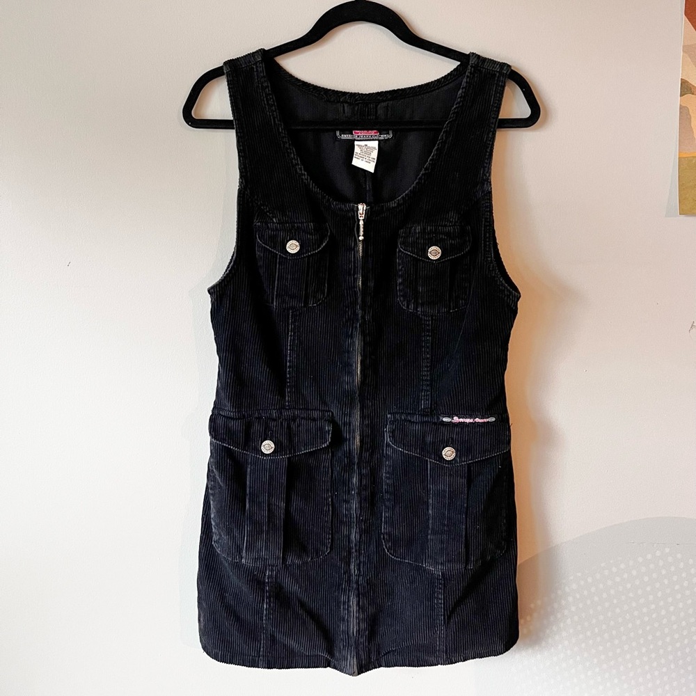 Vintage Black Corduroy Zip-Front Mini Dress Size Medium